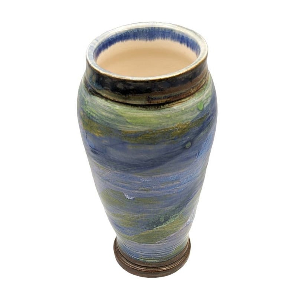 Vintage Studio Pottery Vase with Blues Teals Greens Signed Cynthia Young
